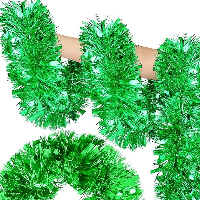 50FT Green Christmas Tinsel Garland - Metallic Tinsel Glitter Twist Garland Hanging Streamers for Indoor Decor, Xmas Tree Garlands Decorations