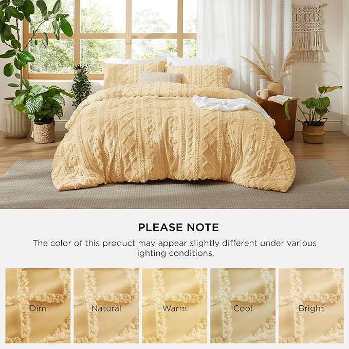Bedsure Tufted Boho Comforter Set Queen Size - Yellow Boho Bed Set, GentleSoft™ 3 Pieces Farmhouse Shabby Chic Embroidery Bedding, Gifts for Woman, Soft Jacquard Queen Comforter for All Seasons