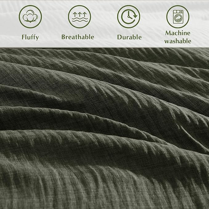 Geniospin Dark Olive Green Oversize Queen Comforter Set - 7 Pieces Comforter Queen Size, Solid Bedding Set for All Season, Textured Bed in a Bag with Sheets