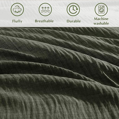 Geniospin Dark Olive Green Oversize Queen Comforter Set - 7 Pieces Comforter Queen Size, Solid Bedding Set for All Season, Textured Bed in a Bag with Sheets