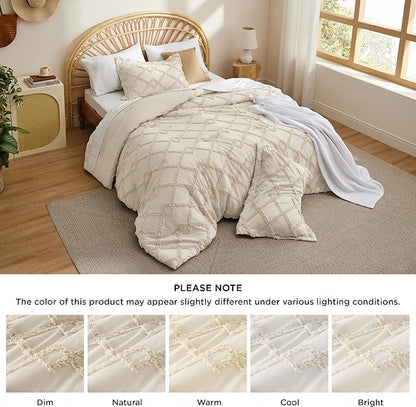 Bedsure Boho Comforter Set King - Beige Tufted King Size Comforter, 3 Pieces Farmhouse Shabby Chic Embroidery Bed Set, Soft Fluffy Geometric Pattern Bedding for All Seasons