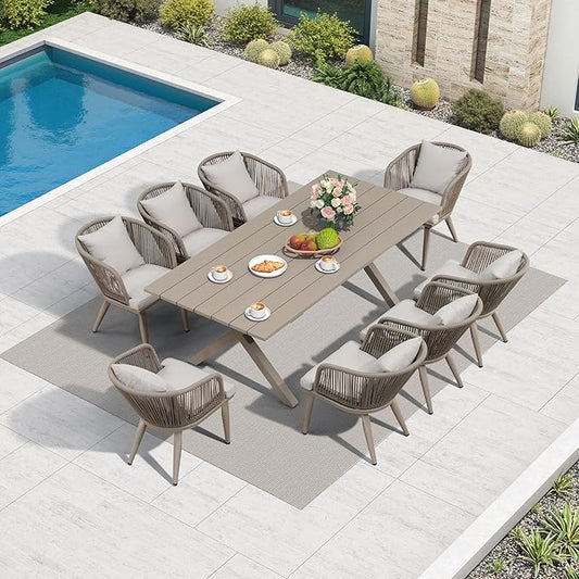 PURPLE LEAF 9 Pieces Patio Dining Table Set Wicker Outdoor Furniture Rectangular Table and Chairs Set for Garden Deck Aluminum Frame Backyard Kitchen Set, Cushions and Pillows Included Champagne