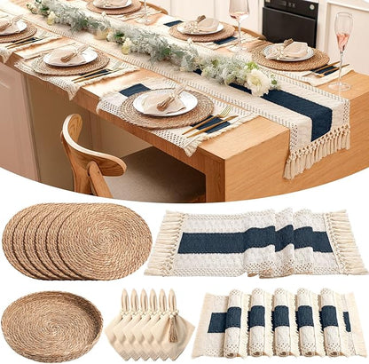 6 Sets Boho Placemats Round Woven Placemats, Cloth Napkins, Wood Bead Napkin Rings, Long Table Runner and Farmhouse Rustic Natural Burlap Cotton for Kitchen Table Home (Blue)