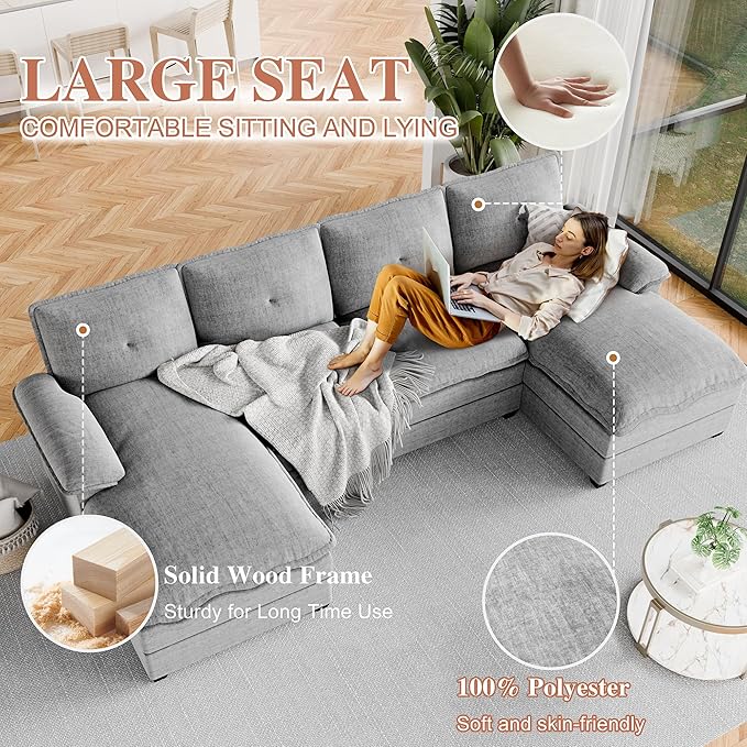 Meilocar U Shaped Sectional Sofa 110" 4 Seat Large Cloud Couch with Double Layer Cushions, Striped Grey