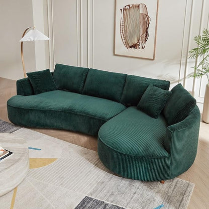 122'' Modern Curved Cloud Sofa Luxury Living Room 5 Seater Sectional Sofa Curve Design Comfortable Upholstered Sofas with Toffee Chair for Living Room Bedroom Apartment(Corduroy+Right Facing, Green)
