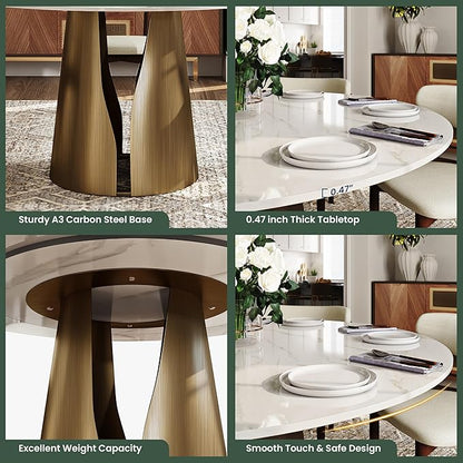 POVISON Round Dining Table for 4, Modern Glossy White Dining Table 51", Sintered Stone Dining Tabletop with Bronze Carbon Steel Pedestal (Dining Room Table Only)