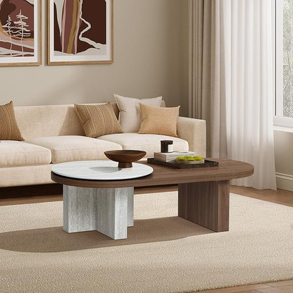 LuxenHome Oval Coffee Table, 47'' Mid Century Modern Walnut Finish Coffee Table for Living Room, Home Or Office, Farmhouse Travertine-Style Unique Wood Accent Center Tables for Small Space