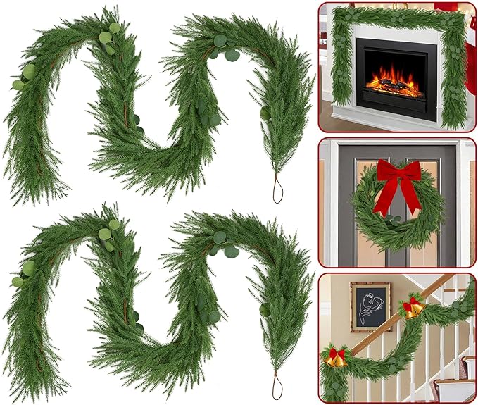 9FT Christmas Norfolk Pine Garland with Eucalyptus Real Touch Faux Greenery Garland Realistic Artificial Christmas Winter Holiday Decor Indoor Outdoor for Xmas Mantle,Stairs,Window,Fireplace