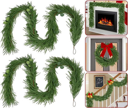 9FT Christmas Norfolk Pine Garland with Eucalyptus Real Touch Faux Greenery Garland Realistic Artificial Christmas Winter Holiday Decor Indoor Outdoor for Xmas Mantle,Stairs,Window,Fireplace