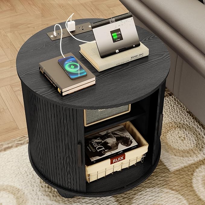 24" Round Nightstand with Charging Station, Mid-Century Modern Large Wood End Table with Storage & Sliding Door, Accent Side Tbale for Living Room Bedroom (Round, Black)