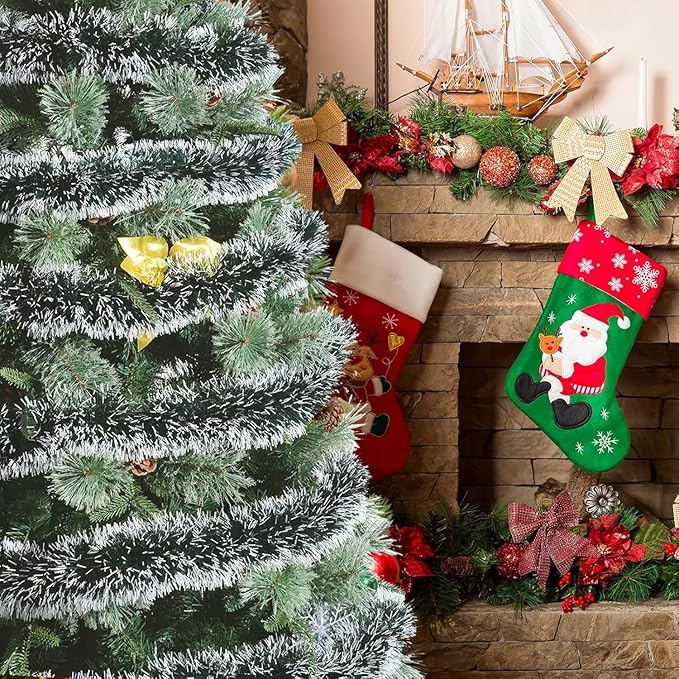 33FT Green Tinsel Christmas Garland Metallic Twist Shiny Garland for Christmas Tree Decorations, Xmas Holiday Hanging Garland for Home Indoor Outdoor Party Supplies Decor (Green, White)