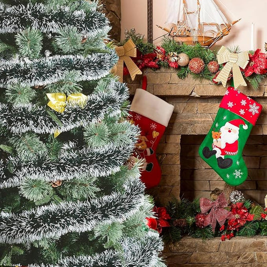 33FT Green Tinsel Christmas Garland Metallic Twist Shiny Garland for Christmas Tree Decorations, Xmas Holiday Hanging Garland for Home Indoor Outdoor Party Supplies Decor (Green, White)