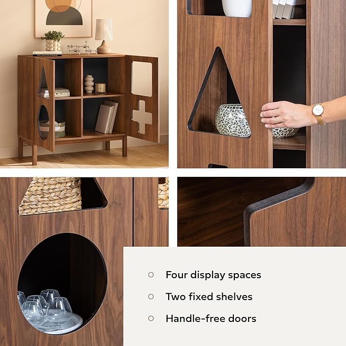 WERMO 37'' Showcase Display Cabinet with Geometric Cut-Out Doors - Modern Curio Cabinet for Dining Room, Living Room, Entryway. Trophy Case, Collectible Display Case Wood with Door & Storage Consoles (Walnut)