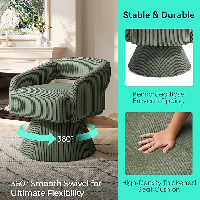 LINSY Swivel Barrel Chair, 360 Modern Swivel Accent Chair Boucle Swivel Chair Round, Green Corduroy Chairs with Arms, Small Barrel Chair for Small Spaces Bedroom Living Room