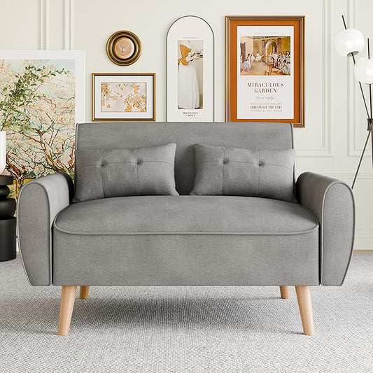 Vongrasig 47" Modern Loveseat Sofa Mid Century Linen 2 Seat Couch Tufted Tapered Legs, Light Gray