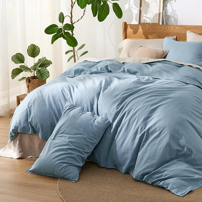 Bedsure Linen Duvet Cover Queen - Linen Cotton Blend Bedding Set, Soft & Cozy, 3 Pieces, 1 Duvet Cover 90x90 Inches and 2 Pillowcases, Grey Blue Color Cooling Bedding, Comforter Sold Separately