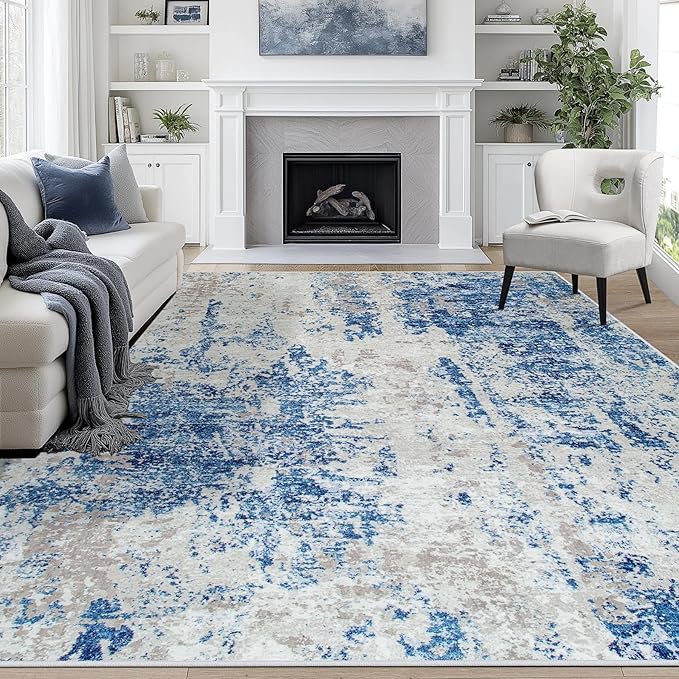 8x10 Area Rugs for Living Room Rug Washable: Abstract Large Rug for Dining Room Bedroom Carpet Non Slip 8 by 10 Indoor Modern Nursery Home Office Blue Grey White