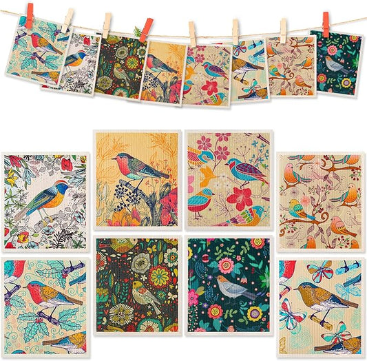 Lucomb Swedish Dish Cloths 8 Pack Reusable Absorbent Kitchen Dish Towels, Birds Flowers