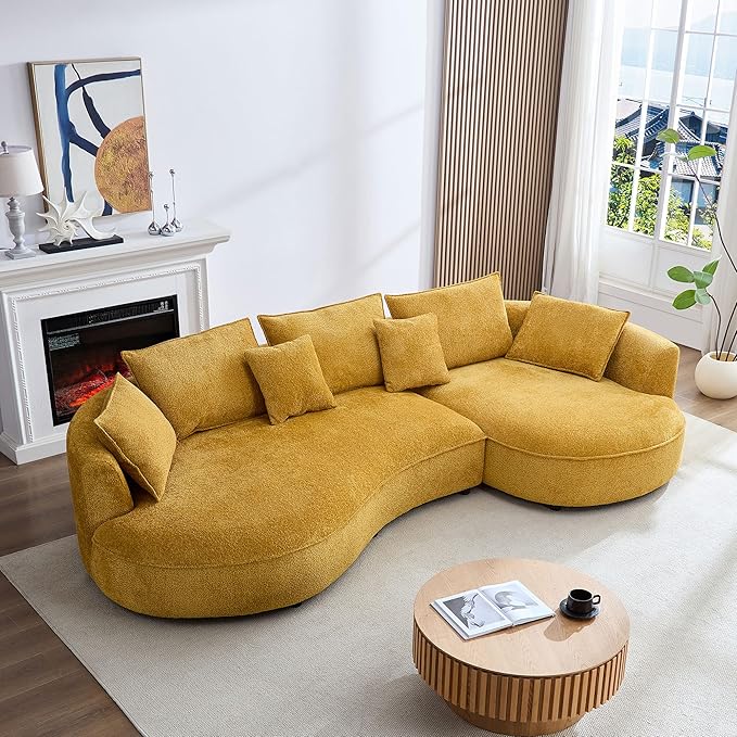 125'' Modern Curved Cloud Sofa Luxury Living Room 5 Seater Combo Sofa Cloud Curve Design Mid Century Upholstered Sofa with Ottoman for Living Room Bedroom Apartment (Boucle, Yellow)