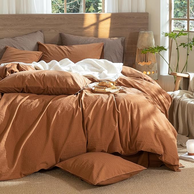 MooMee Wavy Striped Duvet Cover Set 100% Washed Cotton Linen Like Textured Breathable Durable Soft Comfy (Dark Orange, Super King 108"x98")