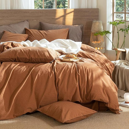 MooMee Wavy Striped Duvet Cover Set 100% Washed Cotton Linen Like Textured Breathable Durable Soft Comfy (Dark Orange, Oversized Queen 98"x98")