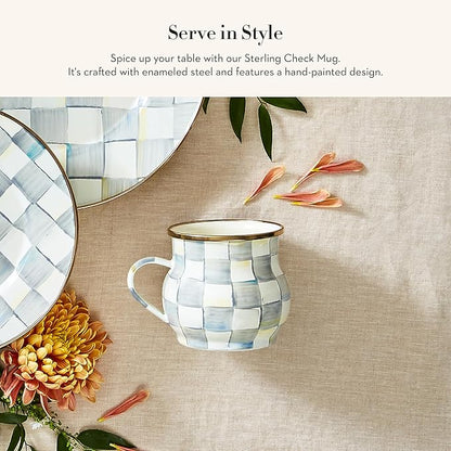 MACKENZIE-CHILDS Enamel Mug, Cute Enamelware Coffee and Tea Mug, Unique Drinkware, 16 Ounces, Gray-and-White Sterling Check, Set of 1