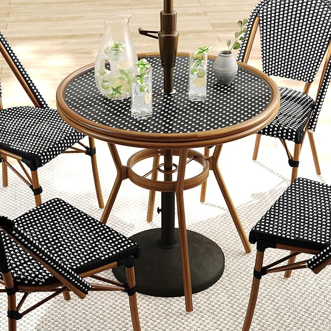 Martha Stewart Lily Pond 31” Round Indoor-Outdoor Bistro Dining Table with Aluminum Frame in Natural Woodgrain and Rattan Top in Black/White with Tempered Glass Top