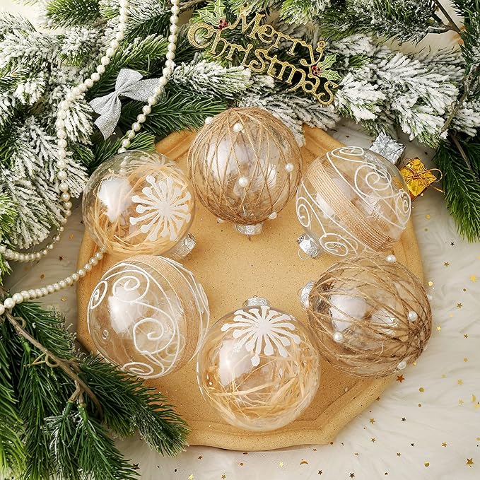 XmasExp Christmas Ball Ornaments Set, Farmhouse Shatterproof Christmastree Decorations,6ct Large Plastic Hanging Ornaments,100mm/4,Neutral