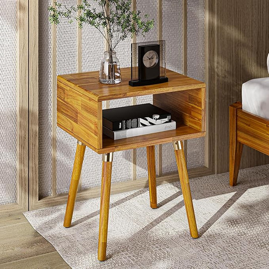 Bme Dinkee Solid Wood Nightstand Bedside Table Without Drawer for Mid Century Bedroom and Living Room, Caramel