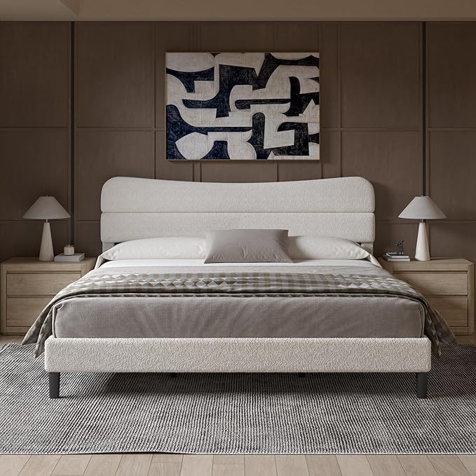 King Size Bed Frame, Upholstered King Bed Frame and Headboard, Teddy Soft Boucle Fabric bedframe King Size, Soft Cloud Marshmallow Shape Upholstered Headboard, No Box Spring Needed, Noise Free (White)
