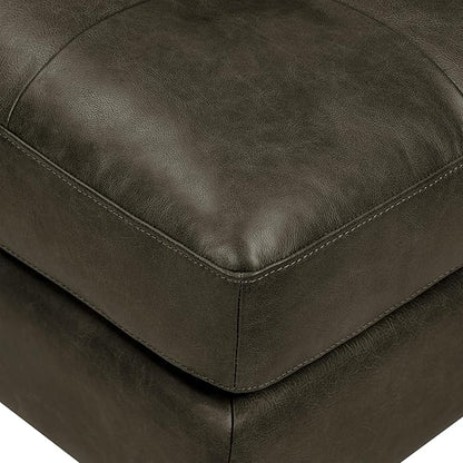 POLY & BARK Napa Ottoman - Full-Grain Leather Upholstered Ottoman with Feather-Down Topper - Accent Chairs for Living Room - Vintage Italian Leather in Olivine Green