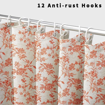 Orange Shower Curtain Floral Cotton Linen Cottagecore Shower Curtain for Bathroom 72" W x 72" L