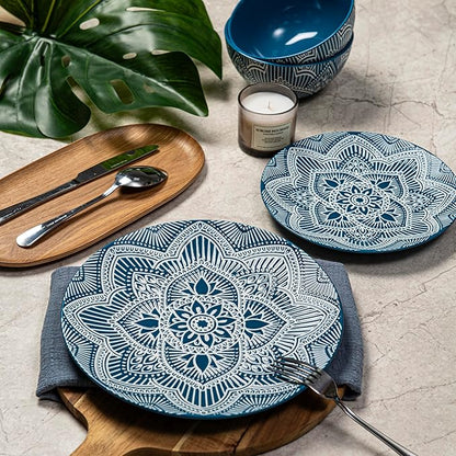 Bzyoo 12-Piece Ceramic Dinnerware Set: La La Mandala Blue Dish Set Design for Every Occasion - Microwave & Dishwasher Safe Stackable Plates Bowls
