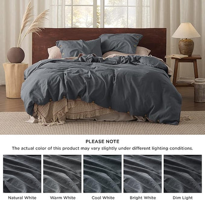 Bedsure Linen Duvet Cover King Size - Linen Cotton Blend Bedding Set, Soft & Cozy, 3 Pieces, 1 Duvet Cover 104x90 and 2 Pillowcases, Charcoal Grey Color Cooling Bedding, Comforter Sold Separately