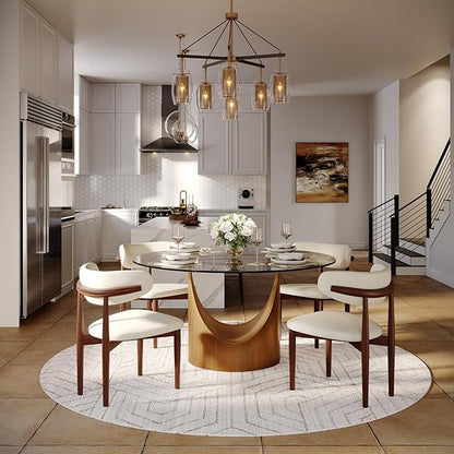 POVISON Round Dining Table for 4, 51" Glass Tabletop Dining Table with Bronze Carbon Steel Pedestal, Modern Dining Room Table for Kitchen, Living Room (Table Only)