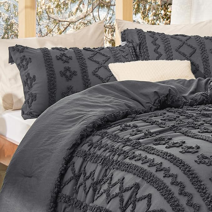Bedsure Tufted Boho Comforter Set California King Size - Dark Grey Boho Bed Set, GentleSoft™ 3 Pieces Farmhouse Shabby Chic Embroidery Bedding, Gifts for Woman, Soft Jacquard Comforter for All Seasons