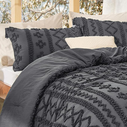 Bedsure Tufted Boho Comforter Set Twin Size - Dark Grey Boho Bed Set, GentleSoft™ 2 Pieces Farmhouse Shabby Chic Embroidery Bedding, Gifts for Woman, Soft Jacquard Twin Comforter for All Seasons