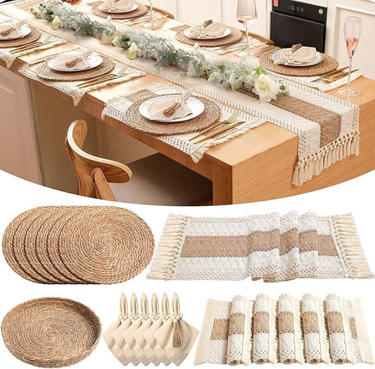 6 Sets Boho Placemats: Round Woven, Rectangular Boho, Wooden Bead Napkin Rings, Cloth Napkins, Long Table Runner & Storage Basket - Natural Burlap Cotton for Kitchen Table Home