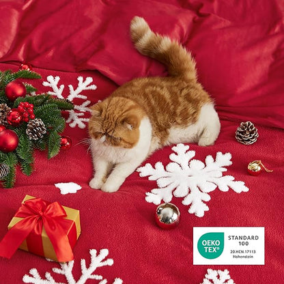 Bedsure Fluffy Duvet Cover Set - Ultra Soft Plush Shaggy Comforter Cover King Size, Warm Flannel Fleece Bed Sets for Winter, 3 Pieces, Snowflake Pattern, Red