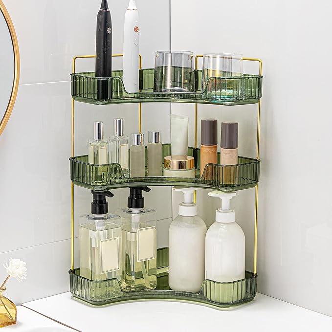 Corner Bathroom Counter Organizer Bathroom Countertop Shelf Makeup Organizer for Vanity Perfume Corner Storage (3 Tiers, Green)
