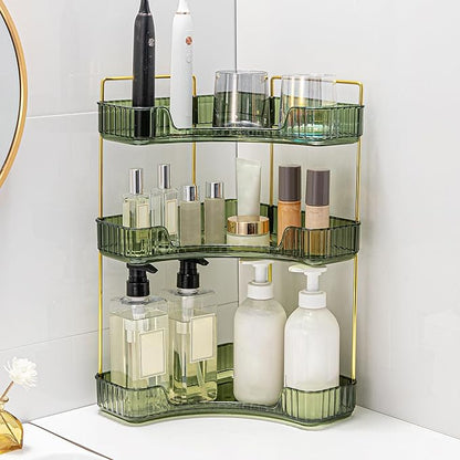 Corner Bathroom Counter Organizer Bathroom Countertop Shelf Makeup Organizer for Vanity Perfume Corner Storage (3 Tiers, Green)