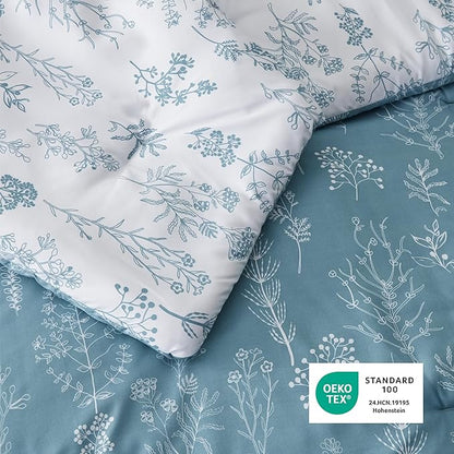 Bedsure Oversized Queen Comforter Set - Mineral Blue Bed Set, 3 Pieces Cute Floral Bedding, 1 Soft Reversible Botanical Flowers Comforter and 2 Pillow Shams