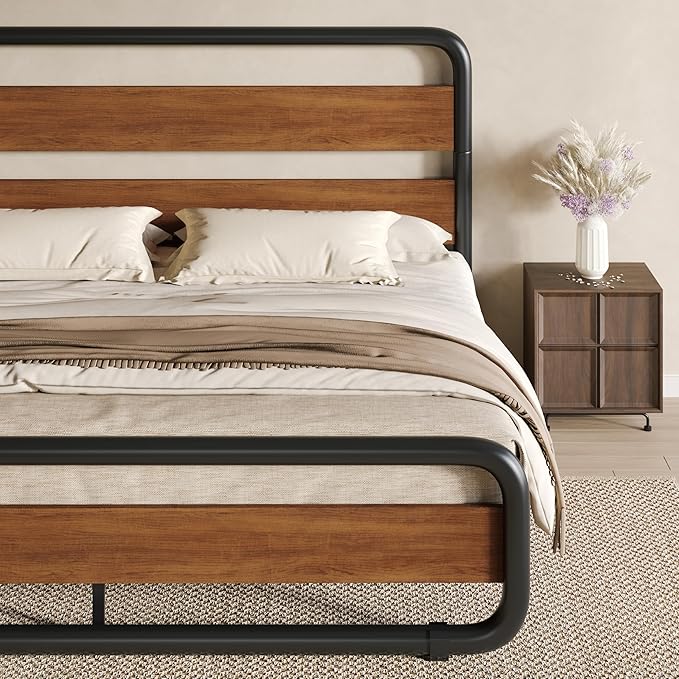 SHA CERLIN King Size Metal Bed Frame with Wooden Headboard and Footboard, Heavy Duty Platform Bed Frame with 10" Under-Bed Storage, Noise-Free, No Box Spring Needed, Vintage Walnut
