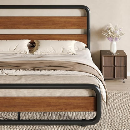 SHA CERLIN King Size Metal Bed Frame with Wooden Headboard and Footboard, Heavy Duty Platform Bed Frame with 10" Under-Bed Storage, Noise-Free, No Box Spring Needed, Vintage Walnut