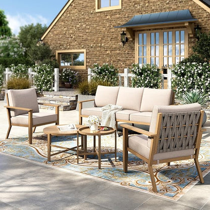 HERA'S HOUSE Patio Furniture Set 5-Piece, All-Weather Metal Outdoor Conversation Set with Wood Grain Finish, 2 x Leg Chair, 1 x 3-Seat Outdoor Chair, 2 x Multi-Functional Table for Garden Deck Backyard
