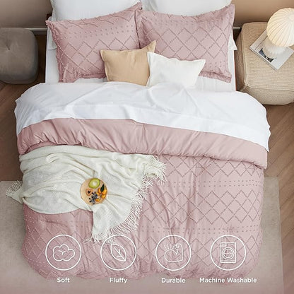 Bedsure Twin Comforter Set - Dusty Rose Comforter, Boho Tufted Shabby Chic Bedding for Kids, 2 Pieces Vintage Farmhouse Bed Set for All Seasons, Fluffy Soft Bedding with 1 Pillow Sham
