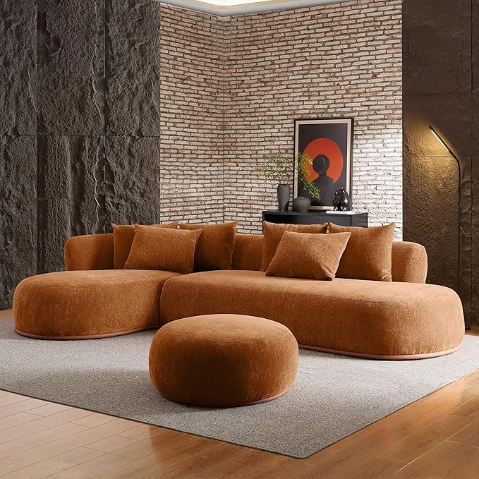 WILLIAMSPACE 134.63" Oversize Curved Sofa Cloud Couch with Round Chaise & Ottoman, Modern Upholstered Curved Sectional Sofa Couch with 6 Pillows for Living Room, No Assembly (Left-Facing,Orange)