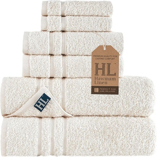 Hawmam Linen Cream 6 Piece Bath Towels Set for Bathroom Original Turkish Cotton Soft Premium Bath Towels Hand Towels, Sea Salt