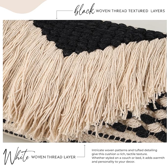 Decorative Boho-Chic Pillow Cover Handwoven Tufted Cotton Accent Pillows, Neutral Throw Cushion for Couch or Bed, Farmhouse & Bohemian Home Decor, Trendy USA Design (Black Lumbar 12x20)