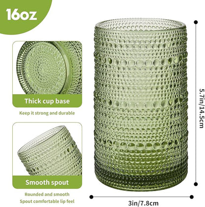 Vintage Glassware Drinking Glasses Set of 6,16oz Hobnail Glass Cups,Embossed Green Water Tumbler,for Cocktail, Juice, Whiskey, Milk and Various Mixed Drinks